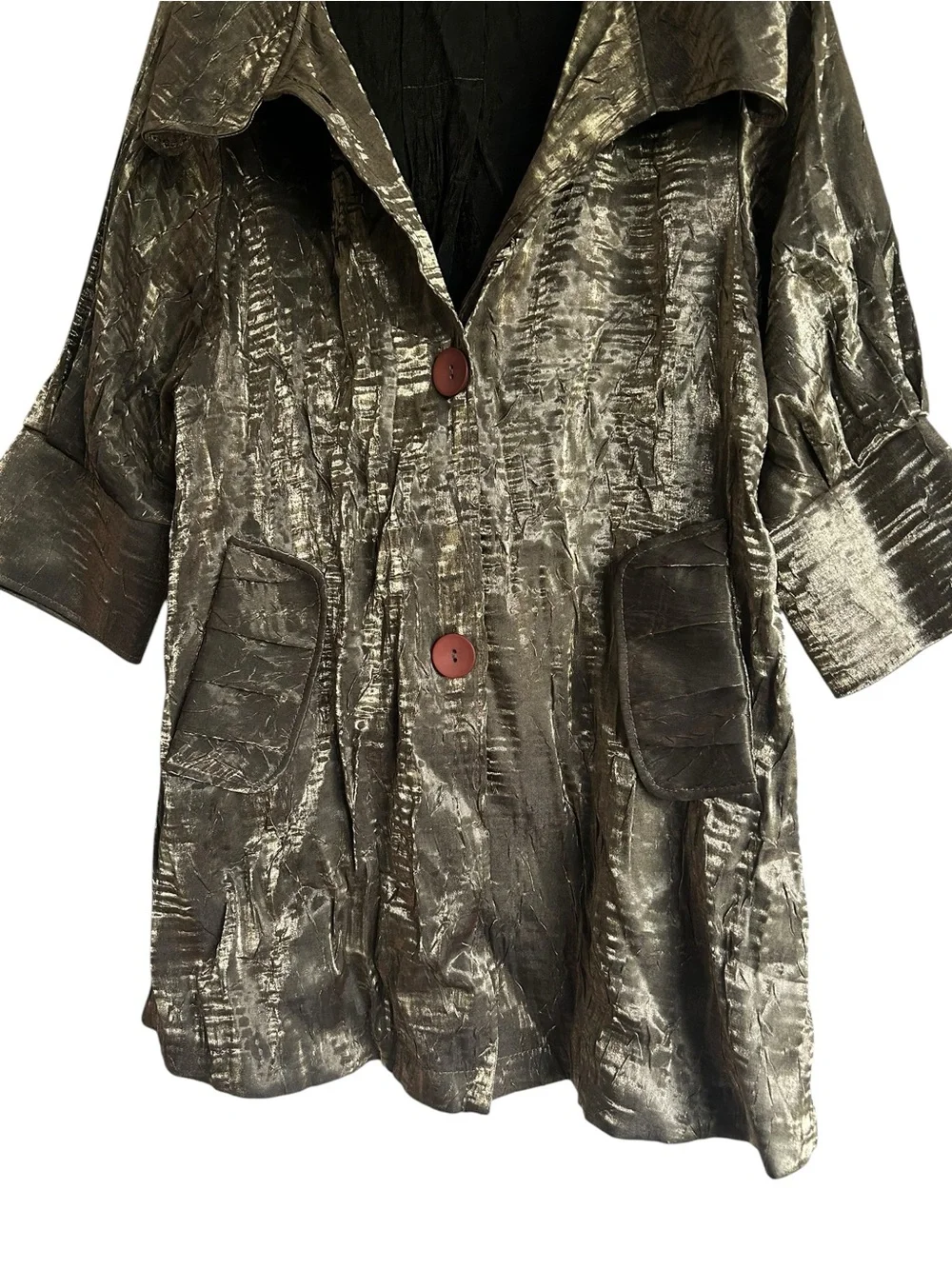Damee Bronze Gold Ruffle Neck Swing Jacket Size Medium
